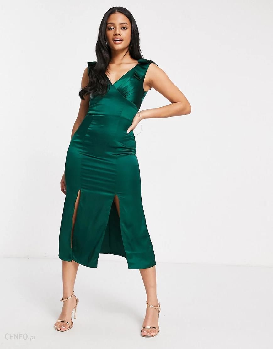 Chi Chi London – Zielona satynowa sukienka midi z kokardami na ramionach i  rozcięciami-Zielony - Ceny i opinie 
