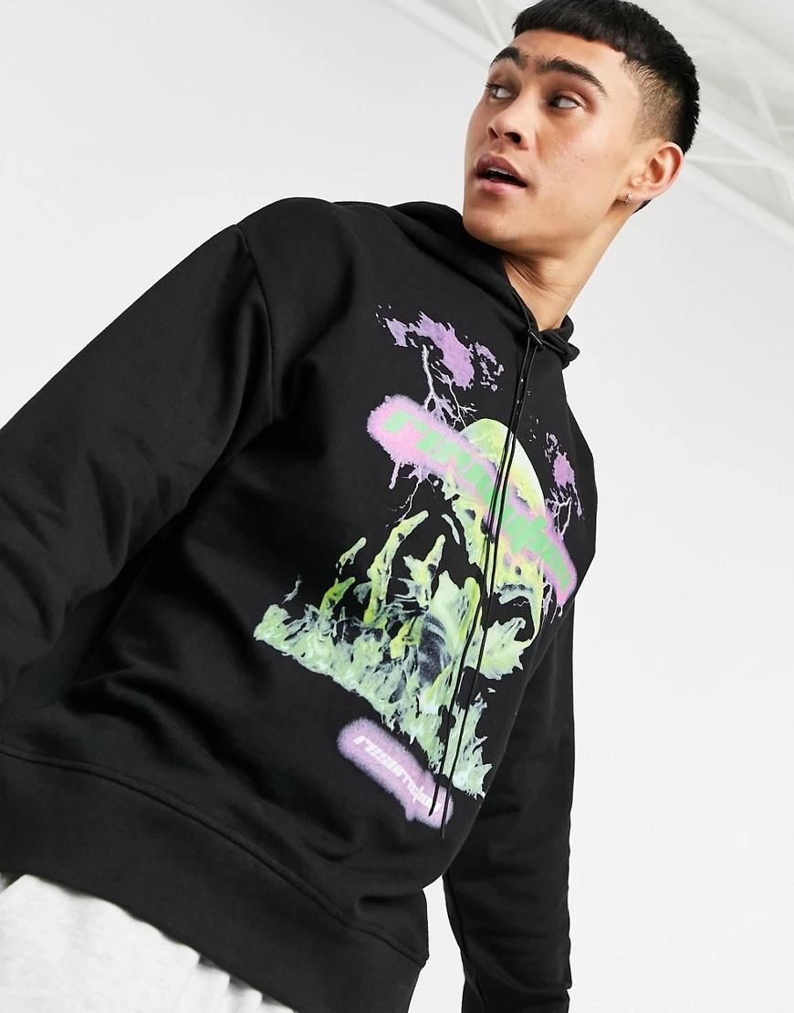 【Ameri】ONE THOUSAND AND ONE NIGHT SWEAT Night Addict – Czarna bluza oversize z kapturem i nadrukiem