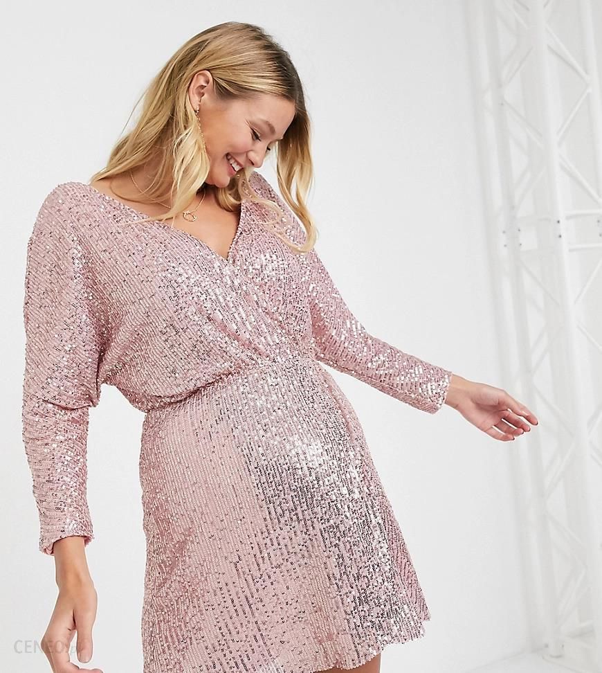 Club L London Maternity – Różowa cekinowa sukienka mini z kopertowym  przodem-Różowy - Ceny i opinie 