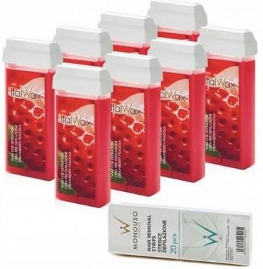 Italwax 8 X Strawberry - Aromatyczny Wosk Z Dwutlenkiem Tytanu Do Depilacji W Rolce 100Ml + Paski
