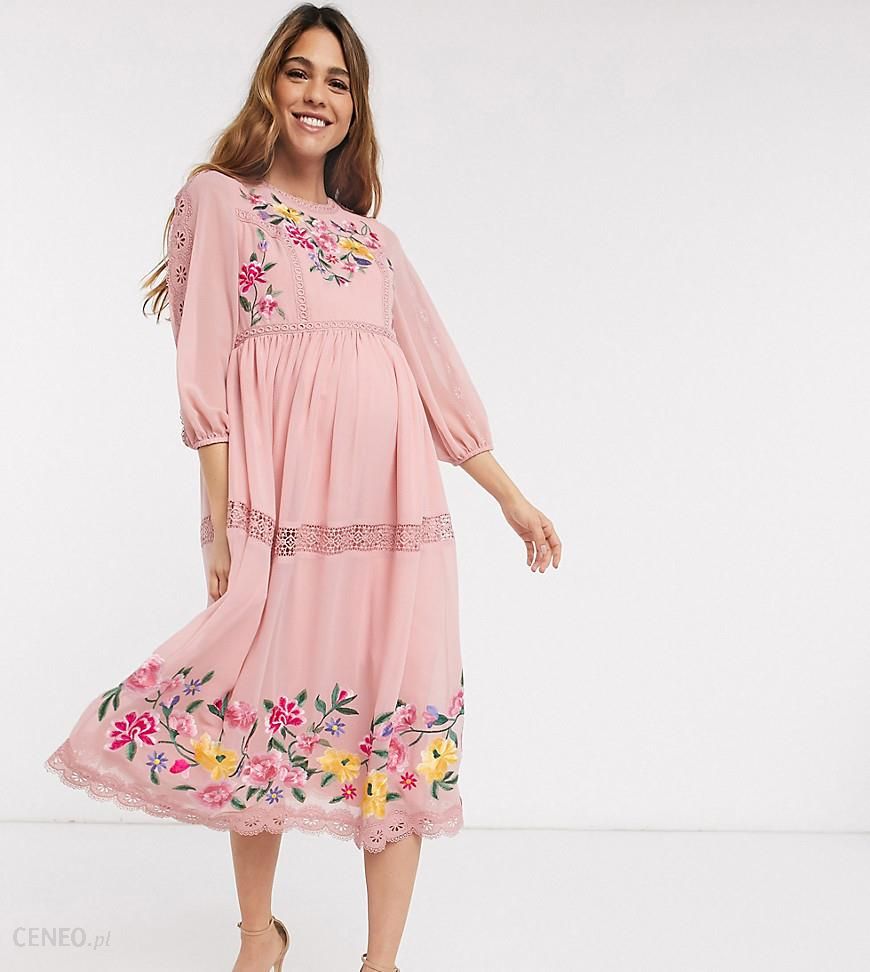 Asos Design Maternity – Bladoróżowa Haftowana Sukienka Midi Z Koła Z  Koronkowym Obszyciem I Bufkami-Różowy - Ceny i opinie 