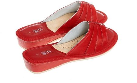 Pantofle skórzane damskie na 3,5cm klinie pw021 czerwony