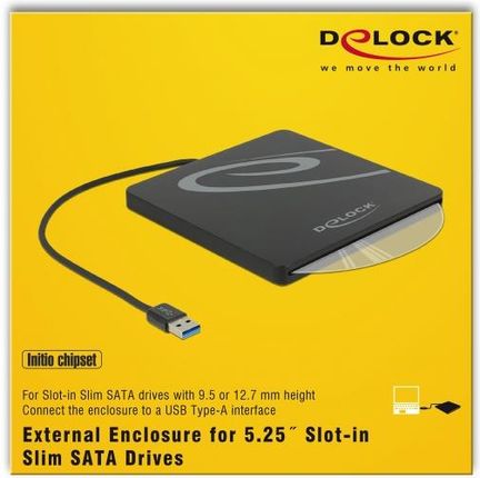 Delock External Enclosure For 5.25? Slot-In Slim Sata Drives 9.5 / 12.7 Mm To Usb Type-A Male, Drive Enclosure (Black) (42604)