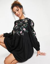 ASOS DESIGN – Czarna luźna sukienka mini z długim rękawem i różowym  kwiatowym haftem - Ceny i opinie 