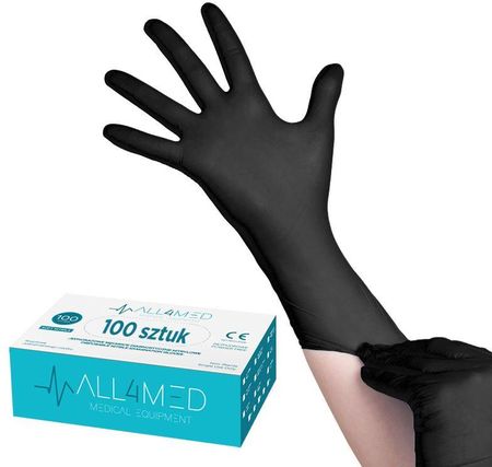 All4Med Jednorazowe Rękawice Diagnostyczne Nitrylowe Czarne Xs