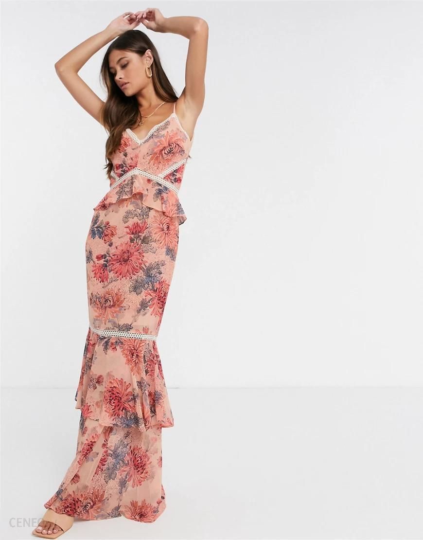 Hope & Ivy – Sukienka maxi z trenem w kwiatowy wzór-Różowy - Ceny i opinie  