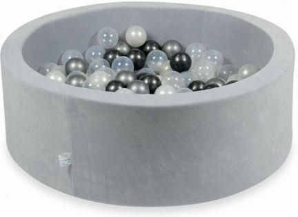 Mimii Suchy Basen 90x30cm Velvet Soft Jasnoszary z piłeczkami 200szt perłowe, przezroczyste, metaliczny grafit, srebrne 