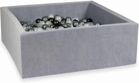 Mimii Suchy Basen 110x110x40cm Velvet Soft Jasnoszary z piłeczkami 600szt perłowe, przezroczyste, metaliczny grafit, srebrne 