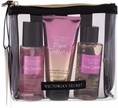 Victoria´s Secret Pure Seduction zestaw Odżwyczy spray do ciała 75 ml + mleczko do ciała 75 ml + żel pod prysznic 89 ml + kosmetyczka dla kobiet