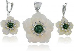 Zdjęcie NORBISREBRO SREBRNY KOMPLET KWIATKI Z MASY PERŁOWEJ MALACHIT I CYRKONIE - Nowy Wiśnicz