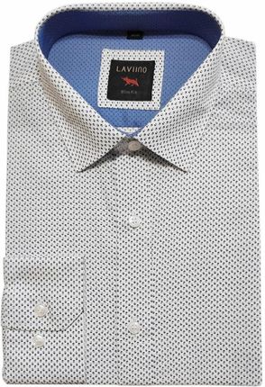 XL 42 43 Elegancka koszula męska lekki slim biała w czarno niebieski wzorek