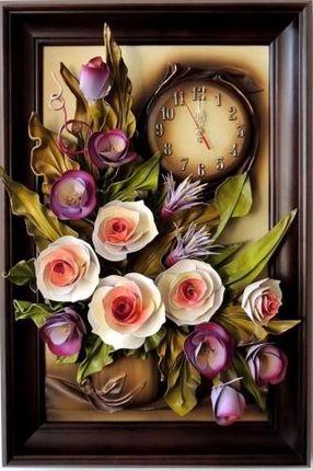 Art Deco Piękny Zegar Ze Skóry W Obrazie Z Kwiatami K7Z 3 (K7Z3)
