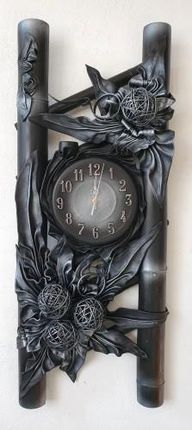 Art Deco Zegar W Dużym Rozmiarze Skóra.. Bambus Czarno Srebrny B15 4 (B154)