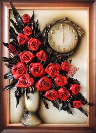Art Deco Elegancki Obraz Z Zegarem Ze Skóry Rękodzieło Czerwone Róże K8Z 19 (K8Z19)