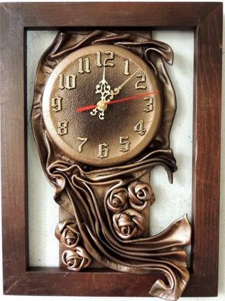 Art Deco Ścienny Zegar W Płaskiej Ramie Z Litego Drewna Miedziowane Róże (Rz21)