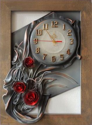 Art Deco Stylowy Zegar Szara Kolorystyka Czerwone Róże Drewniana Rama Rz5 3 (Rz53)