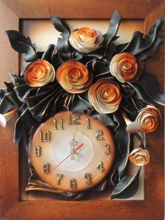 Art Deco Zegar Ścienny Skórzany Z Różami Rama Drewniana Złoty Dąb 55X40Cm K5Z 6 (K5Z6)