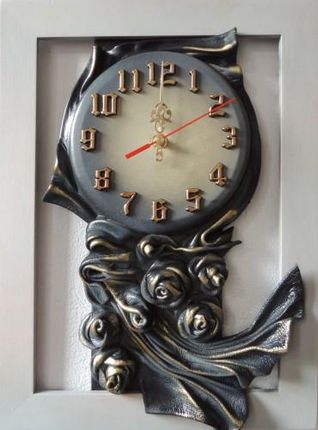 Art Deco Zegar Ścienny W Szarej Ramie Z Różami Ze Skóry Rękodzielo 40X30Cm Rz2 5 (Rz25)