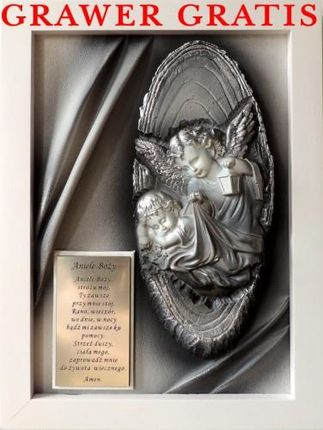 Art Deco Posrebrzany obraz z Aniołem Stróżem - prezent na Chrzest Święty, Komunię + DEDYKACJA - A3S-5 A3S5