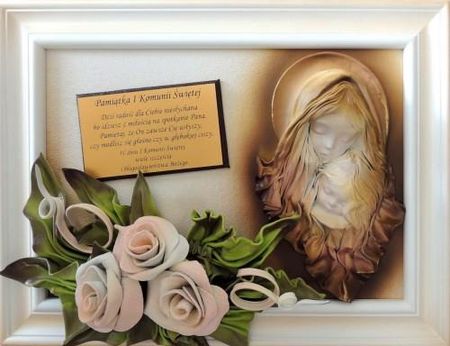 Art Deco Obraz z Matką Bożą na prezent 1 Komunię Świętą + róże i dedykacja - 46x34cm - K3SK-2 K3SK2
