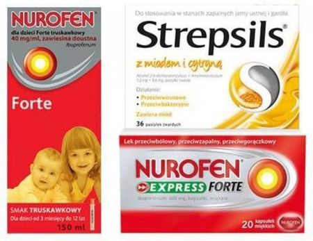 STREPSILS miód+cytryna + Nurofen Express Forte + Nurofen dla dzieci Forte truskawkowy
