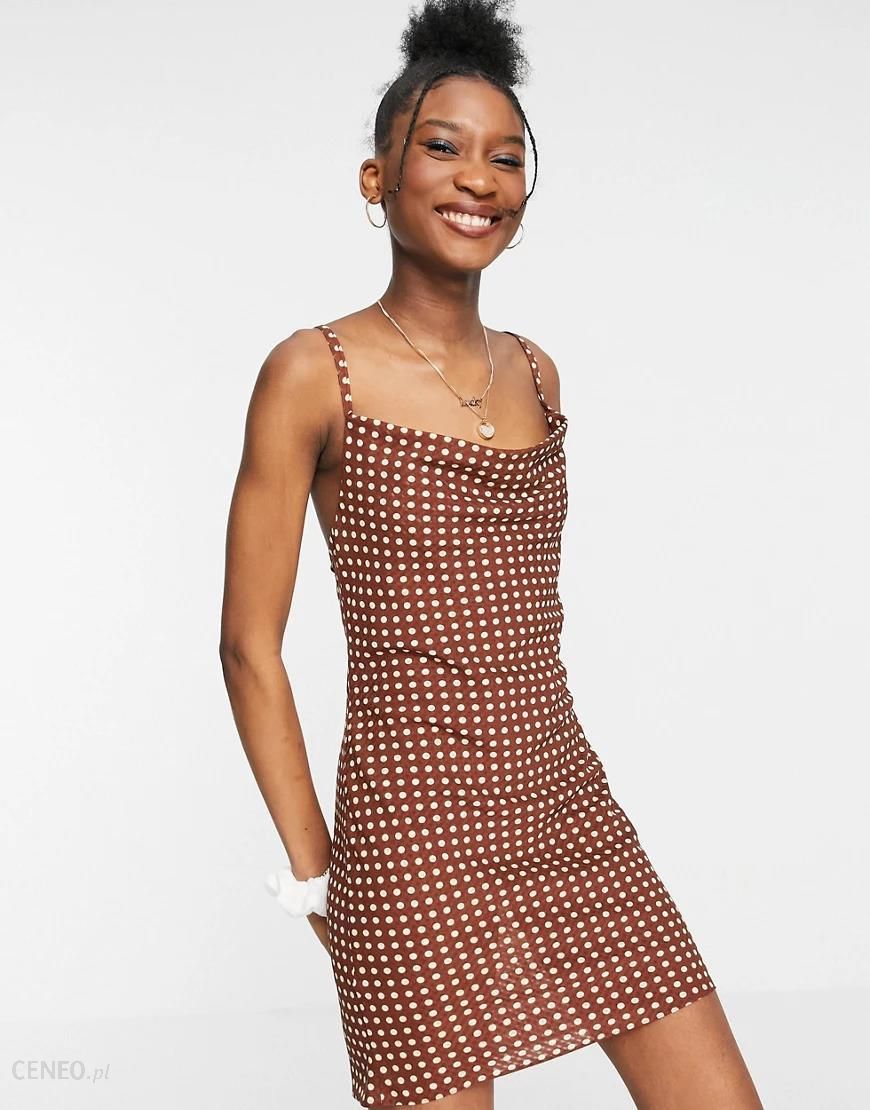 ASOS DESIGN – Brązowa sukienka mini na ramiączkach z drapowanym dekoltem i  wzorem w groszki-Wielokolorowy - Ceny i opinie 