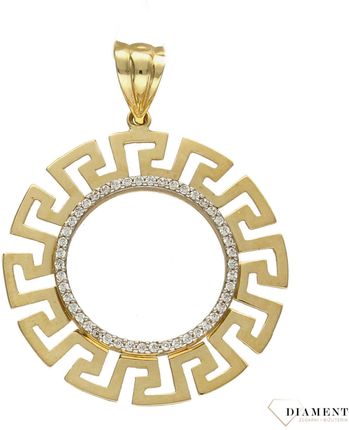 Diament Złota zawieszka 585 okrągła wzór grecki z cyrkonią DIAZAW0442585