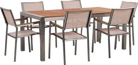 Beliani Zestaw ogrodowy stół blat drewno eukaliptus 180x90cm 6 krzeseł beżowych Grosseto