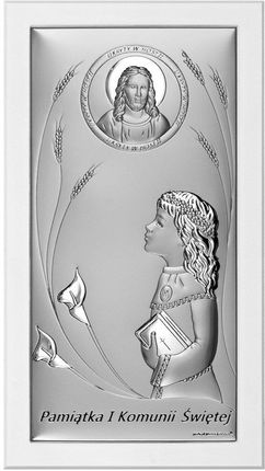 Pamiątka Pierwszej Komunii Świętej srebrny obrazek z dziewczynką 11x20 cm 1832054