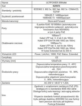 Ultipower Switch 802.3Af/At 6Xrj45 4Xpoe (0064AFAT) - zdjęcie 3