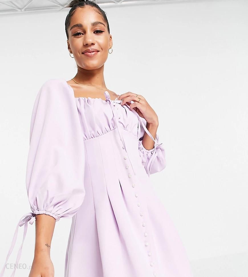 Missguided – Krótka liliowa rozkloszowana sukienka z balonowymi rękawami- Fioletowy - Ceny i opinie 