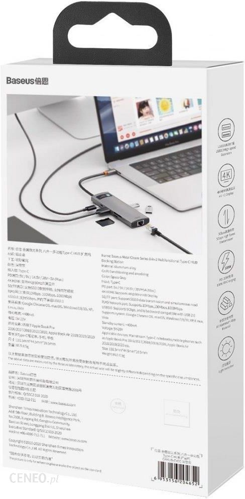 BASEUS  HUB 8W1 METAL GLEAM SERIES, USB-C DO 3X USB 3.0 + HDMI + USB-C PD + ETHERNET RJ45 + MICROSD/SD (6953156204652)  (6953156204652)