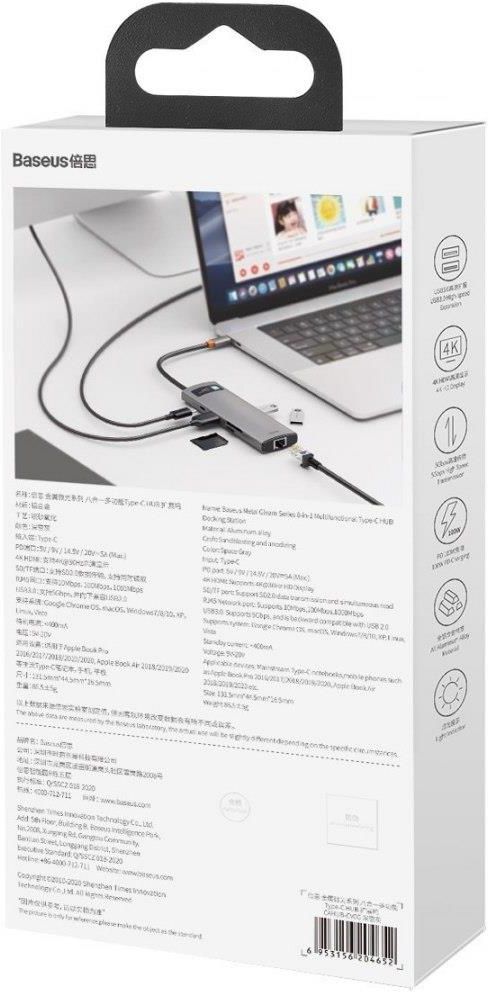 BASEUS  HUB 8W1 METAL GLEAM SERIES, USB-C DO 3X USB 3.0 + HDMI + USB-C PD + ETHERNET RJ45 + MICROSD/SD (6953156204652)  (6953156204652)