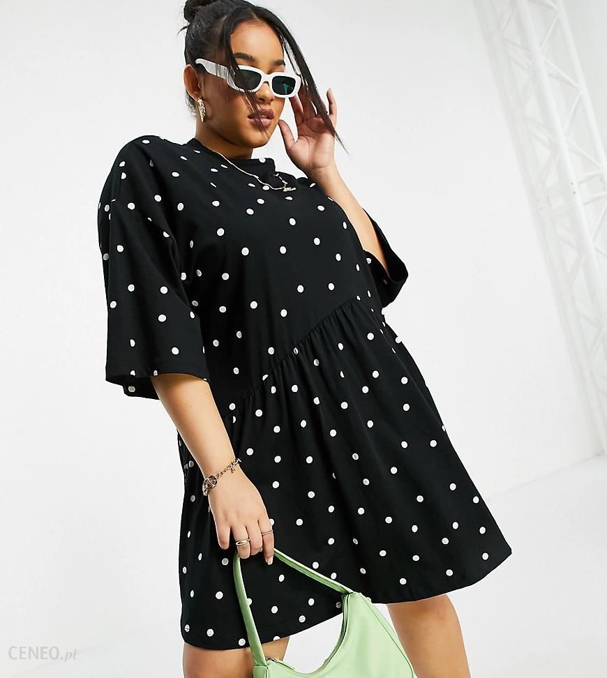 ASOS DESIGN Curve – Luźna sukienka mini oversize z obniżoną talią i wzorem  w kropki-Black - Ceny i opinie 