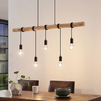 Lindby Rom lampa wisząca z drewnianą belką, 5-pkt.
