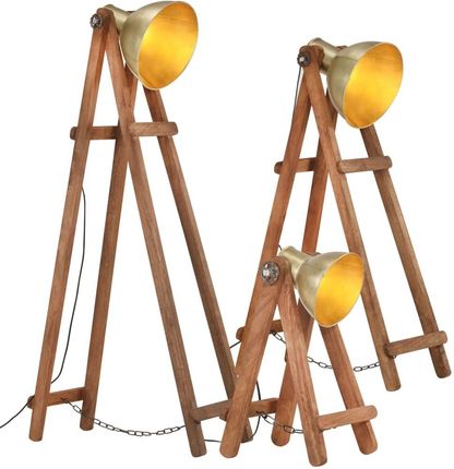 vidaXL Lampy podłogowe, 3 szt., kolor mosiądzu, E27, lite drewno mango
