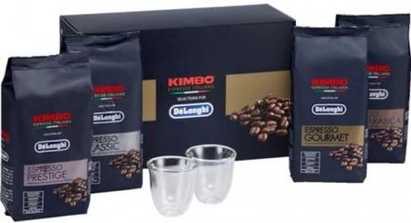 Delonghi Kimbo Zestaw 4 rodzajów kaw x 250g + Szklanki Espresso