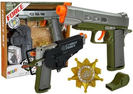 LeanToys Zestaw Policyjny Pistolet 20cm Odznaka Gwizdek Kabura Efekty Świetlne Dźwięk