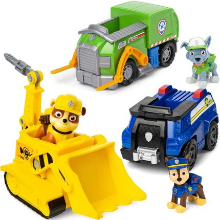 Spin Master Psi Patrol Rocky, Rubble i Chase figurki + pojazdy radiowóz śmieciarka i buldożer uniwersalny