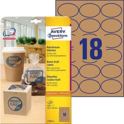 Brązowe etykiety na produkty Avery Zweckform, A4, 25 ark./op., 63,5 x 42,3 mm, owalne