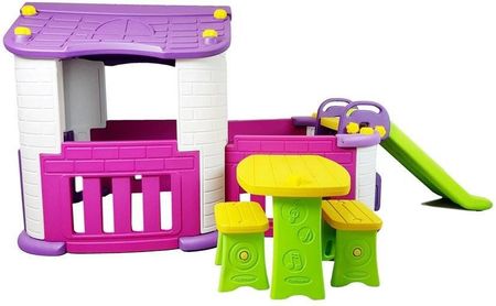 Lean Toys Zestaw Ogrodowy Domek Stolik Zjeżdżalnia Różowo Fioletowy