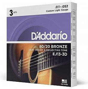 D'Addario Ej13 3D 80/20 Bronze Struny Do Gitary Akustycznej, Custom Light, 11 52, 3 Kpl