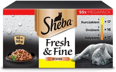 Sheba Saszetka Fresh & Fine Mokra Karma Dla Kotów Dorosłych W Sosie Z Kurczakiem Z Drobiem Z Indykiem 50X50G