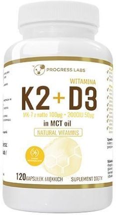 Progress Labs K2 MK-7 z Natto 100 µg + D3 2000 IU 50 µg + Olej MCT 120 kaps miękkich