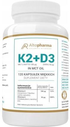 Altopharma Witamina K2 MK-7 z Natto 100 µg + D3 2000 IU 50 µg + Olej MCT 120 kaps miękkich