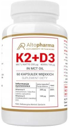 Altopharma Witamina K2 MK-7 z Natto 200 µg + D3 4000 IU 100 µg + Olej MCT 120 kaps miękkich