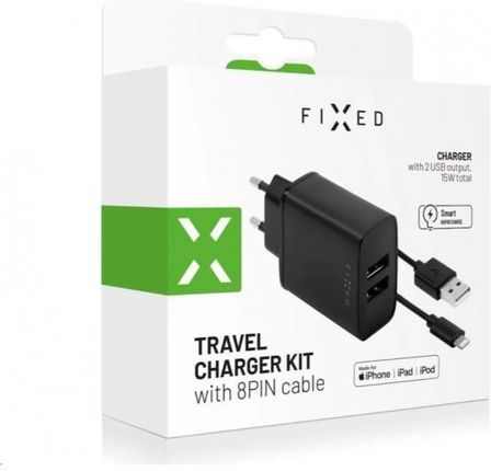 FIXED 2xUSB 15W Smart Rapid Charge + Lightning MFi kabel 1m Czarny (FIXC15-2UL-BK)