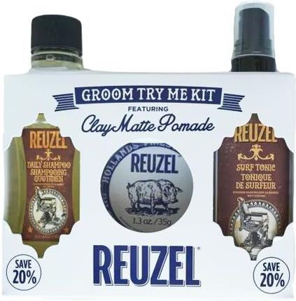 Reuzel Try Me Kit Clay | Zestaw dla mężczyzn: szampon 100ml + matowa pomada 35g + tonik z solą morską do stylizacji włosów 100ml
