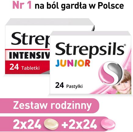 Zestaw rodzinny Strepsils INTENSIVE tabletki do ssania 48 szt + Strepsils Junior tabletki do ssania 48 szt