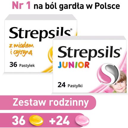 Zestaw rodzinny Strepsils z miodem i cytryną tabletki do ssania 36 szt + Strepsils Junior tabletki do ssania 24 szt